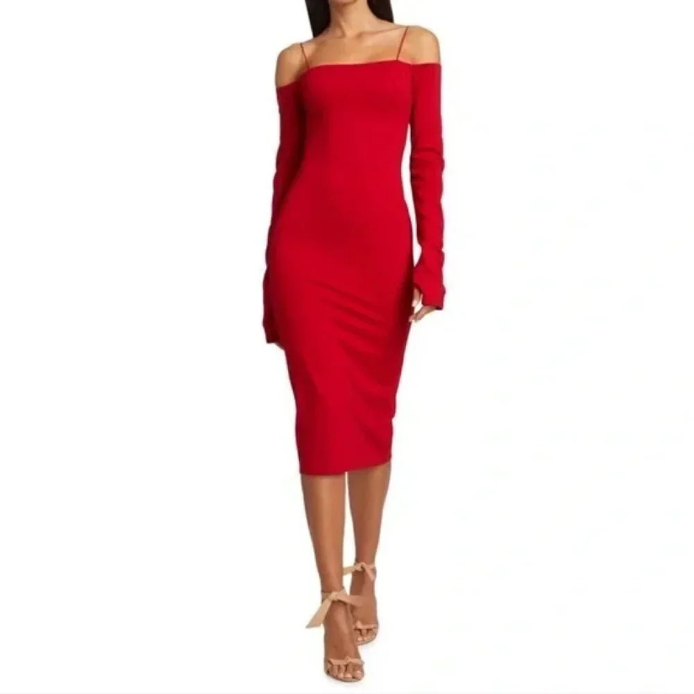 Alice + Olivia Red Off-Shoulder Midi Dress